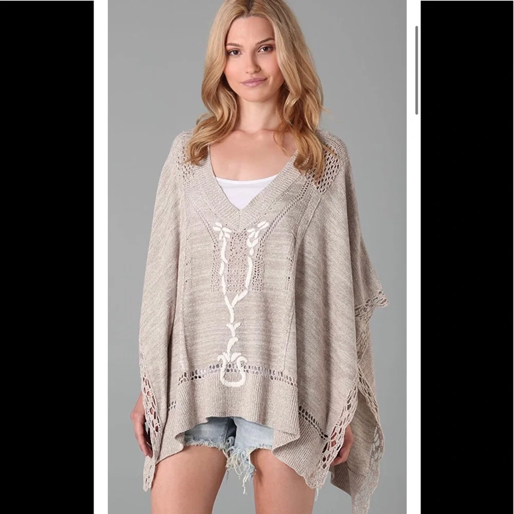 Vintage Free People Silk & Cotton Blend Oatmeal Poncho Cape Onesize